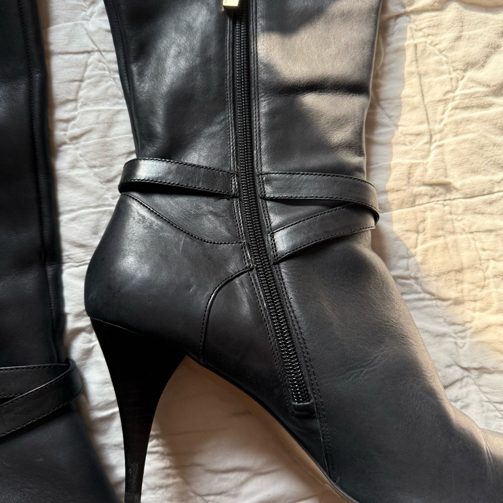 Vince Camuto Women’s Black Leather Strap Knee High Heel Boots - Picture 13 of 16